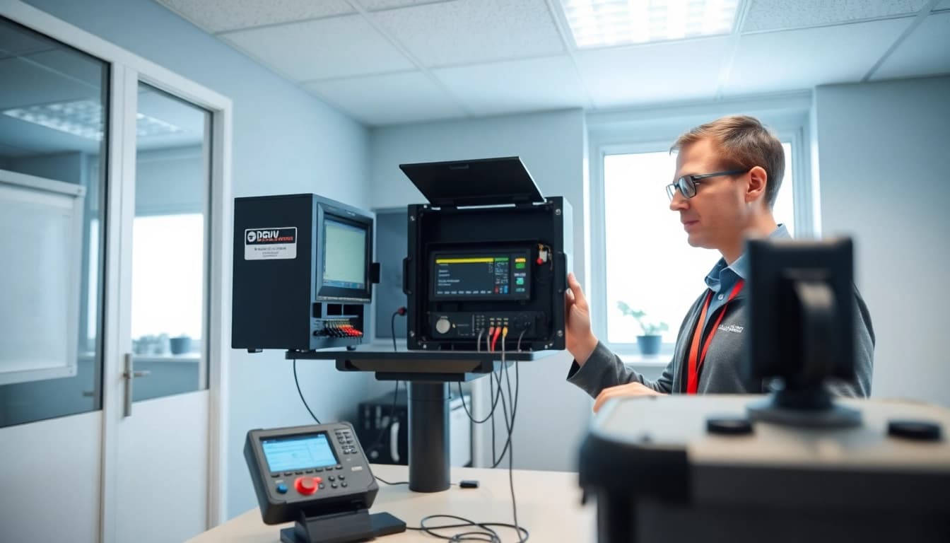 Techniker führt die DGUV V3 Prüfung an elektrischen Geräten in einem modernen Büro durch.