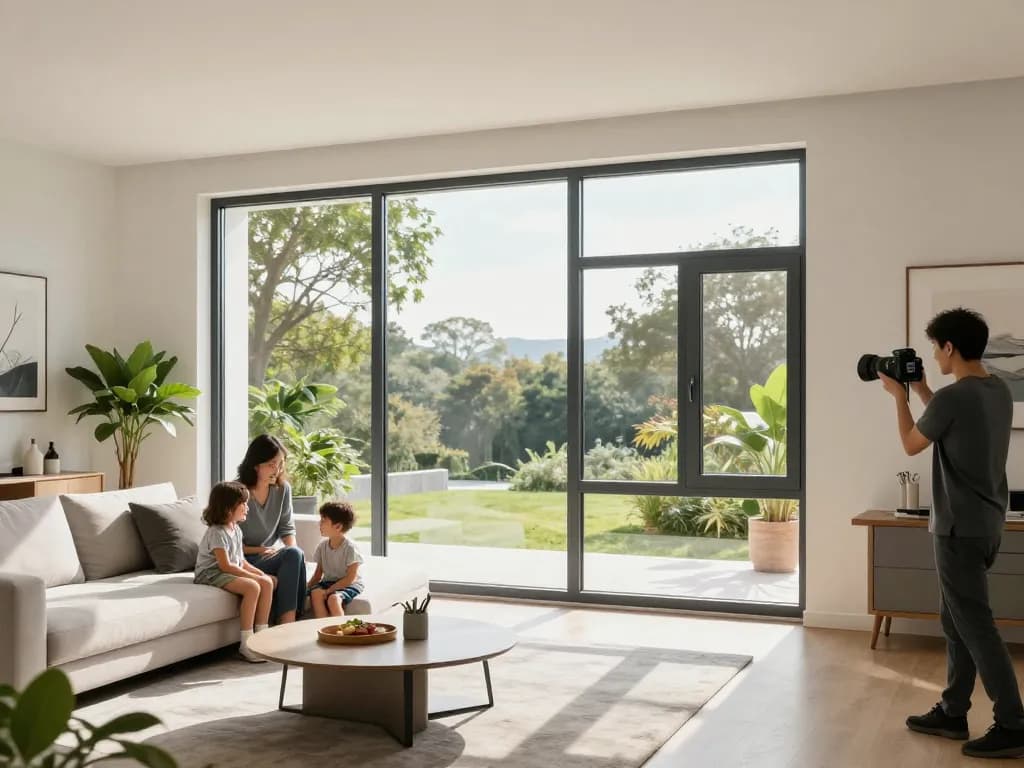 Heller Wohnraum mit fenster schüco Aluminiumfenstern, der modernes Design und Eleganz zeigt.