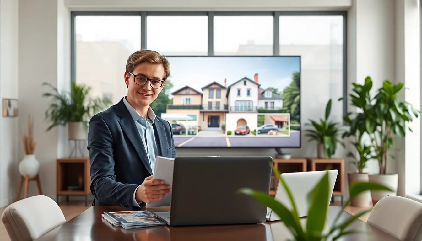 Immobilienmakler Frankfurt Sachsenhausen präsentiert moderne Immobilien in einem einladenden Büro.