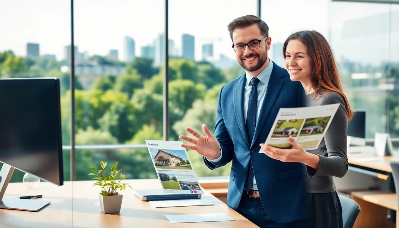Immobilienmakler Frankfurt Eschersheim berät Kunden in modernem Büro mit Stadtansicht.