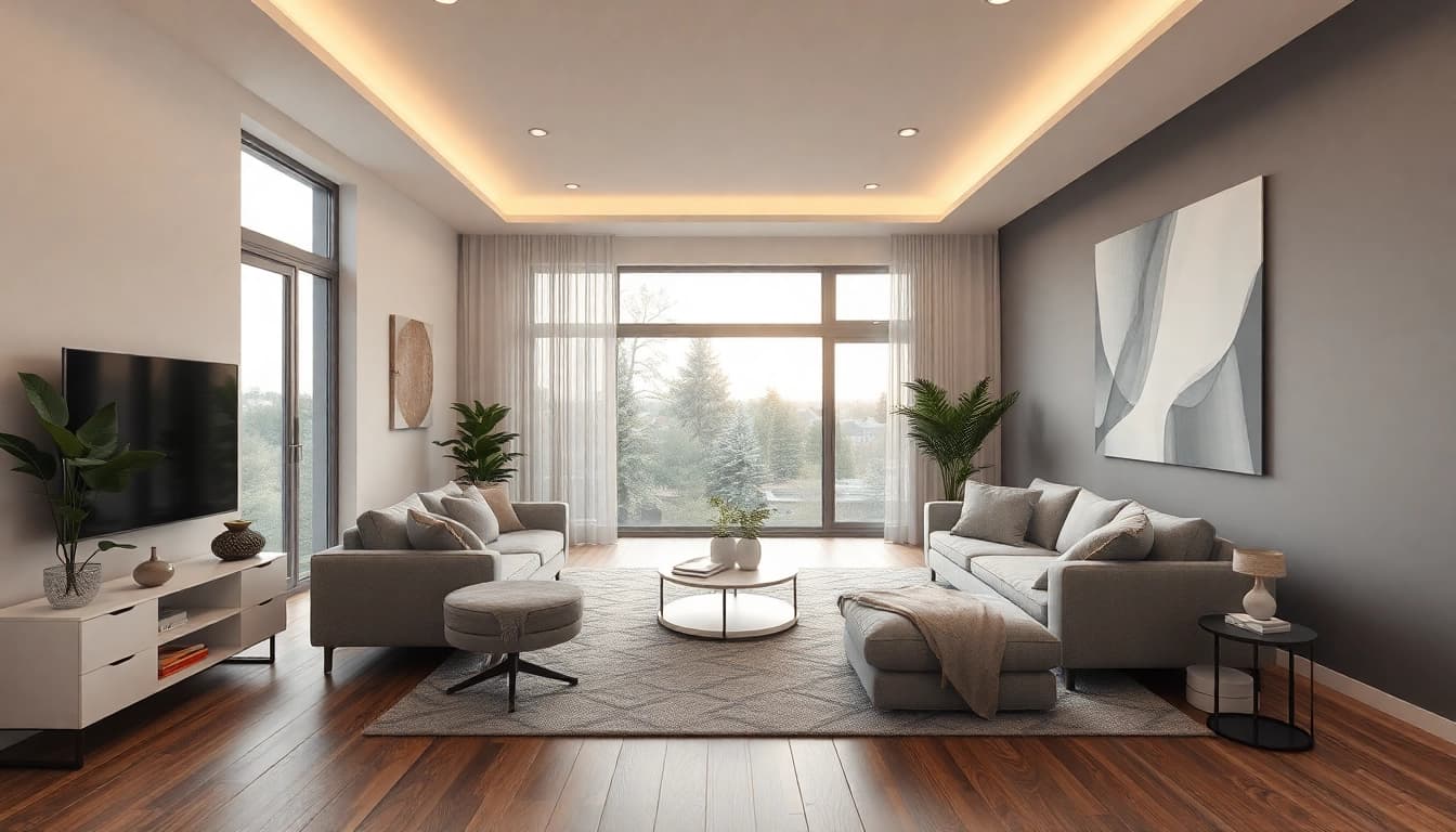 Hochwertige 3D Visualisierung erstellen eines modernen Wohnzimmers mit realistischer Beleuchtung und Farbgestaltung.