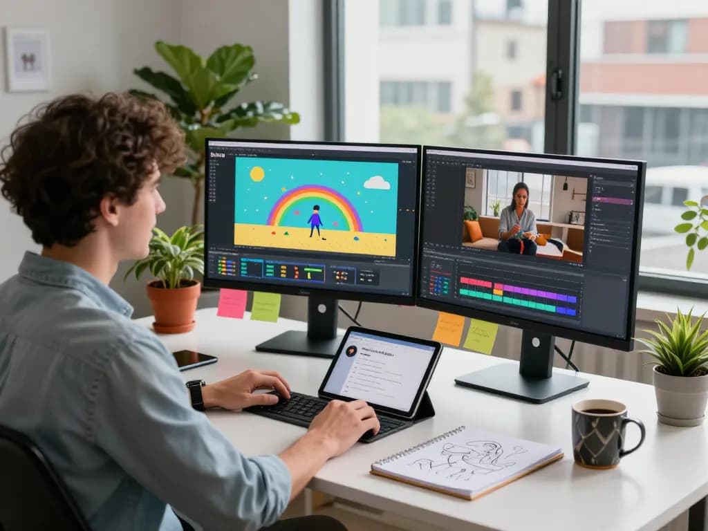 Kling 2.6 motion control in action, showcasing a vibrant workspace where a content creator animates scenes using advanced technology.