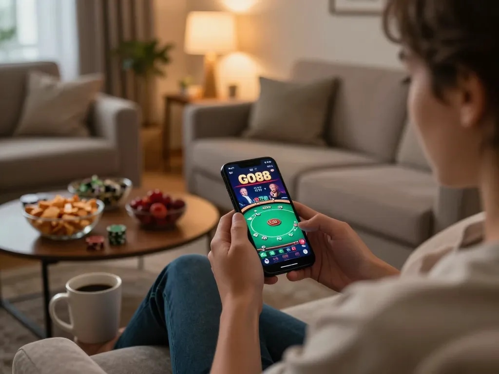 Engaging moment of a player using the GO88 app on a smartphone in a cozy home setting.