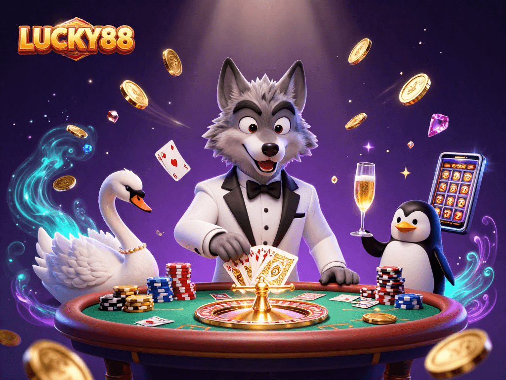 LUCKY88 brings excitement with a 3D wolf, swan, and penguin in a vibrant casino scene.