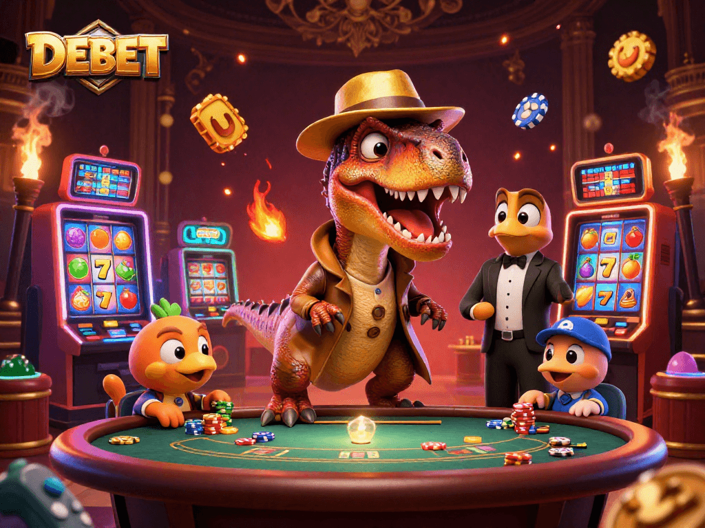 Count chips with DEBET's entertaining velociraptor scene at the blackjack table, showcasing vibrant casino elements.