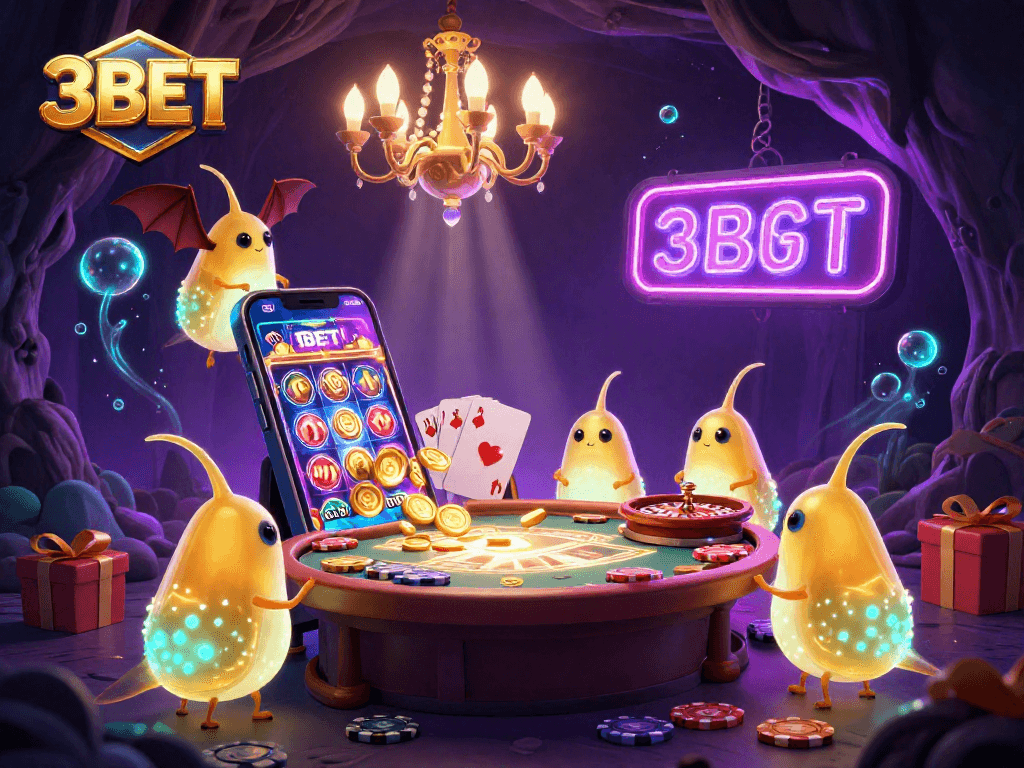 Experience 3BET excitement with glowworms lighting a vibrant cave casino scene filled with games and magic.