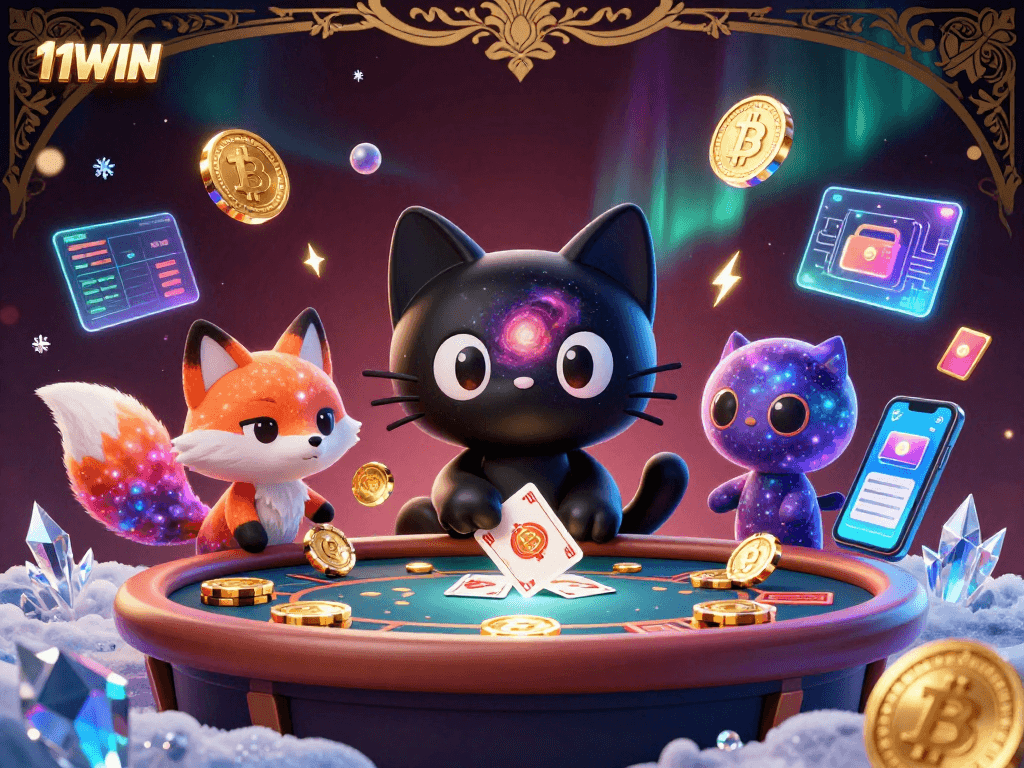 Engaging casino scene featuring 11WIN's cartoon characters captivatingly drawing in players with golden chips.
