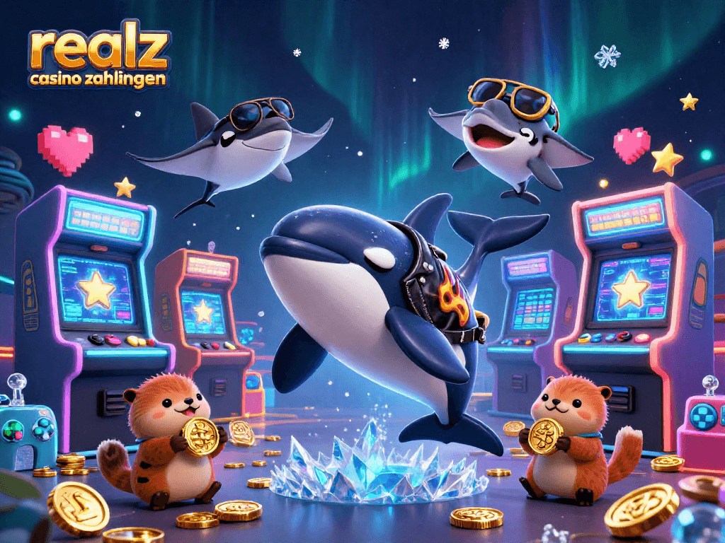 Erlebe die vielfältigen Realz Casino Zahlungen mit Krypto und Fiat in dieser dynamischen Illustration.