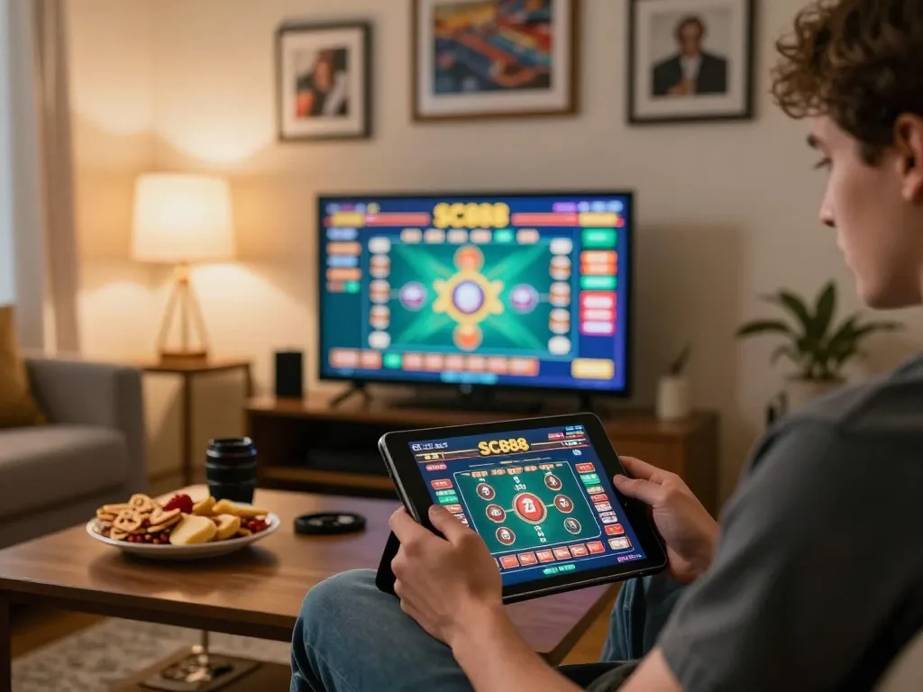 Engaging in strategic gameplay on SC888 gaming tablet in a cozy home setup.