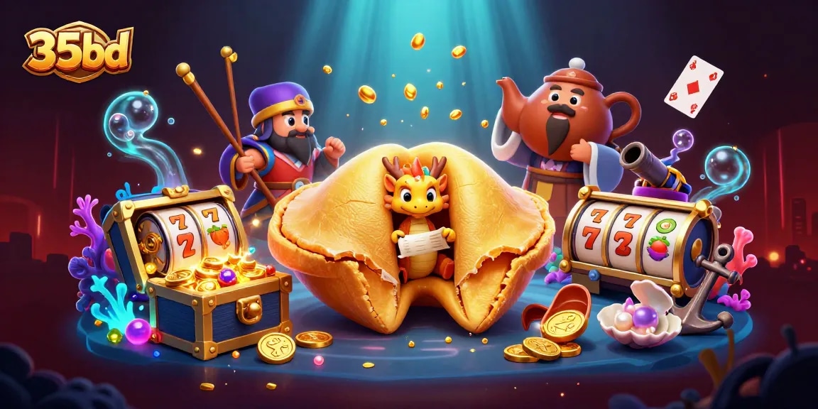 Engage with 35bd's thrilling gaming adventure featuring a golden fortune cookie and animated slot elements.