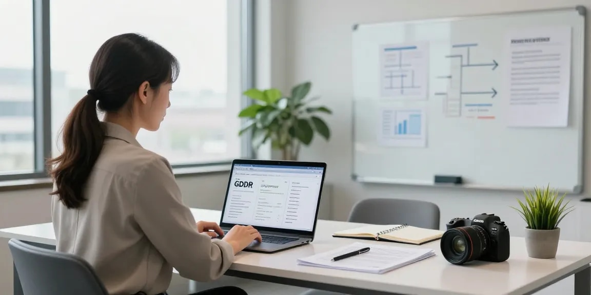 Startseite für Datenschutzberatung: Professioneller Berater in modernem Büro mit Notizen und Laptop.