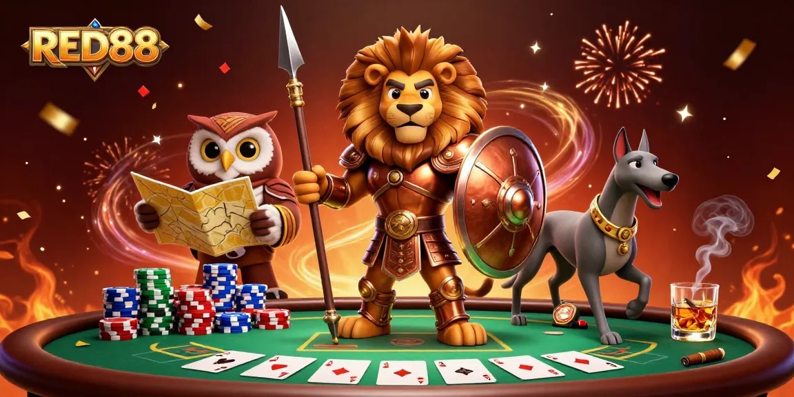 Engage with the RED88 gaming adventure, featuring a Spartan lion and strategic elements in a dynamic casino scene.