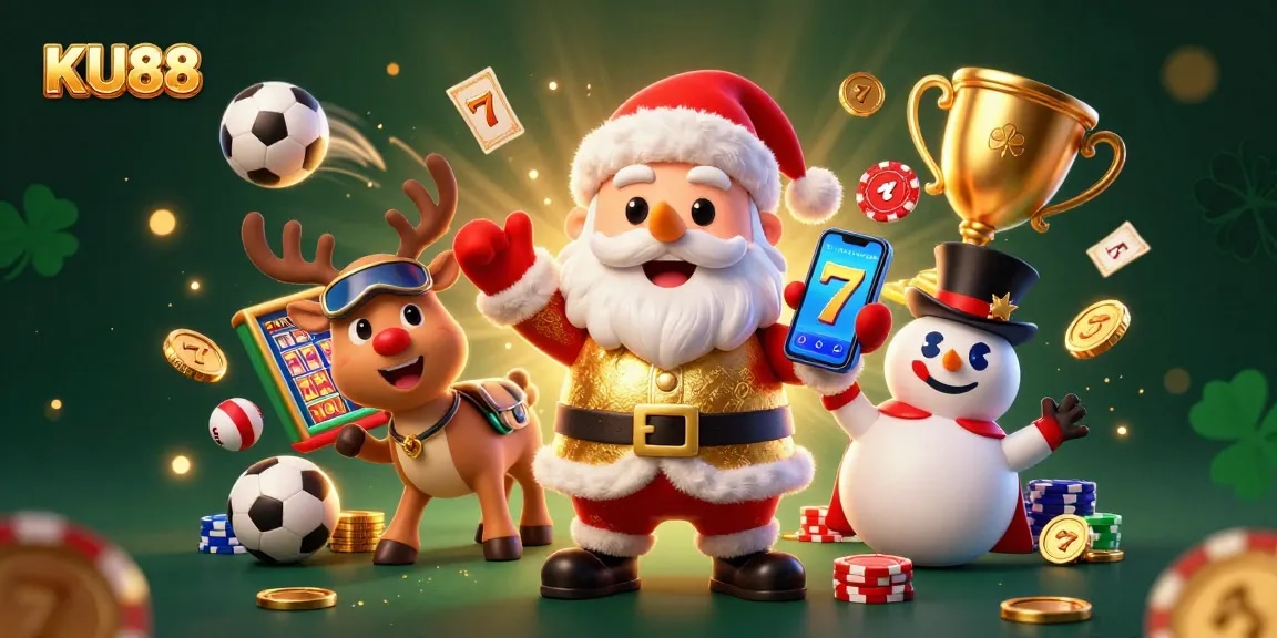 KU88 Santa Claus celebrates with jackpot slots, sparkling casino elements in a vibrant 3D illustration.