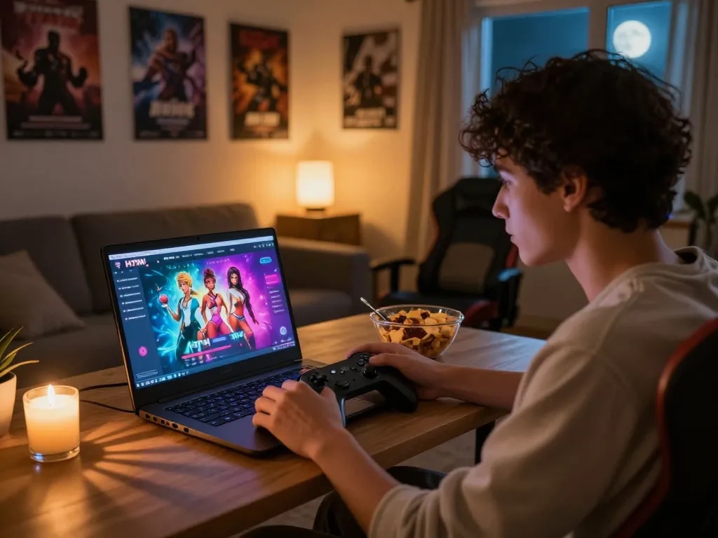 Player enjoying immersive html sex games in a cozy gaming setup.