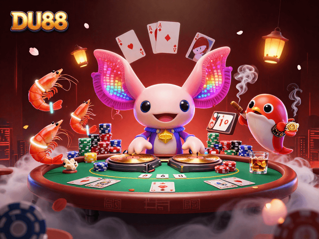 Experience the vibrant DU88 casino scene with a neon axolotl DJ and poker elements in a dynamic underwater party.