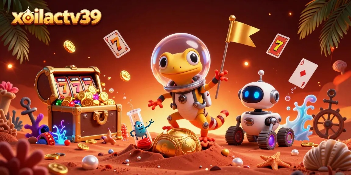 Initiate thrilling adventures with xoilactv39's Martian gecko in an exciting casino scene.