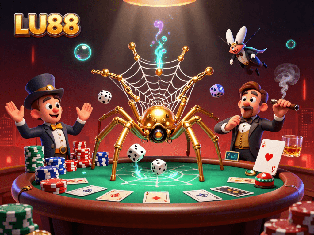 LU88 captivates with a steampunk spider catching dice in a vibrant casino scene.
