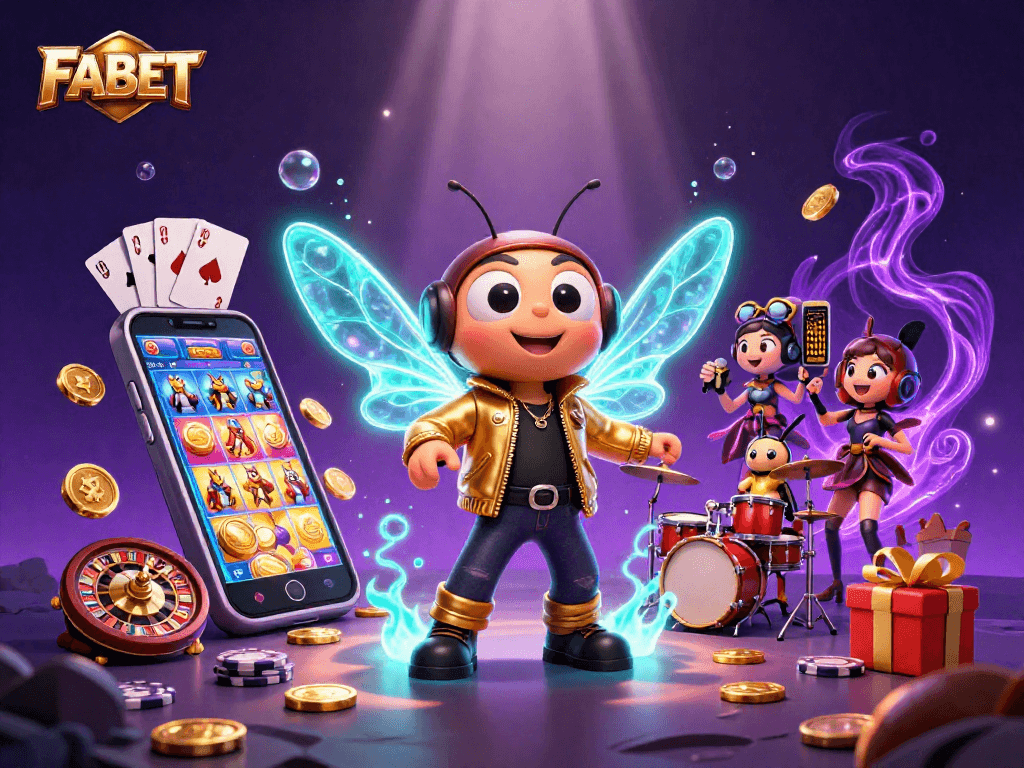 Experience FABET's exciting game offerings with a vibrant 3D illustration showcasing dynamic casino elements.