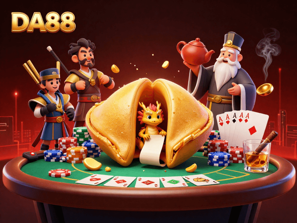 Immerse yourself in DA88's vibrant gaming world with this 3D scene showcasing dragon fortune and poker excitement.