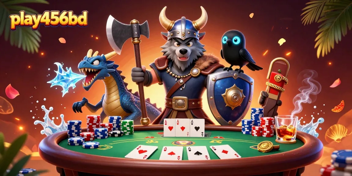 Experience the excitement at play456bd with a Viking warrior and dragon in a vibrant poker scene.