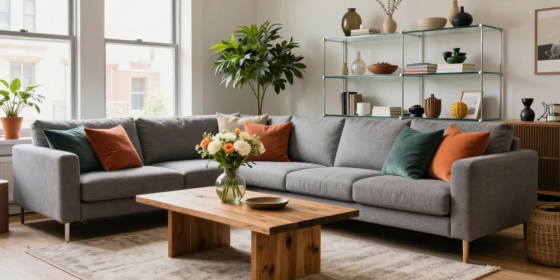 Modernes Wohnzimmer mit stylischem Sofa und Dekor für Möbel online bestellen