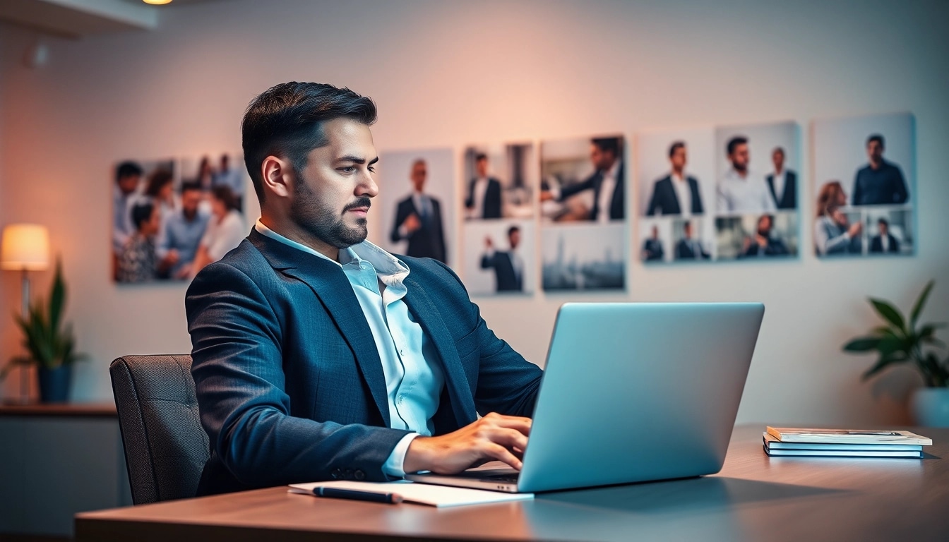 Headhunter Vertrieb sitzt am Schreibtisch, überprüft Lebensläufe und Notizen.