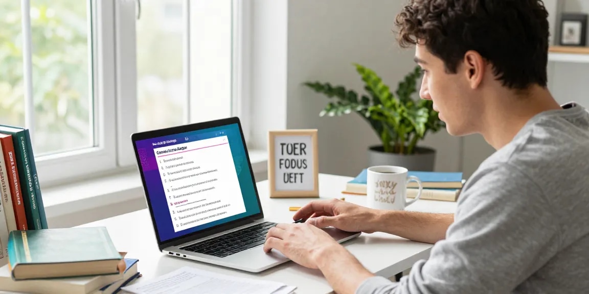Interaktives Quiz Allgemeinwissen in einem heimischen Arbeitszimmer mit bunten Fragen auf dem Laptop.