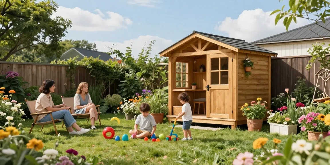 Gartenhaus kaufen: Familie genießt ihren Garten mit einem neuen Holz-Gartenhaus und blühenden Blumen.