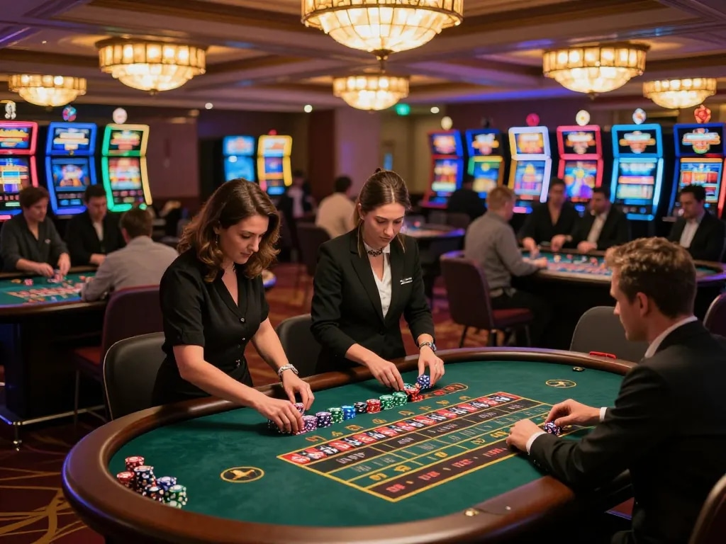 Bester KI Detektor detecting patterns in text at an upscale casino floor with players engaging in intense gameplay.