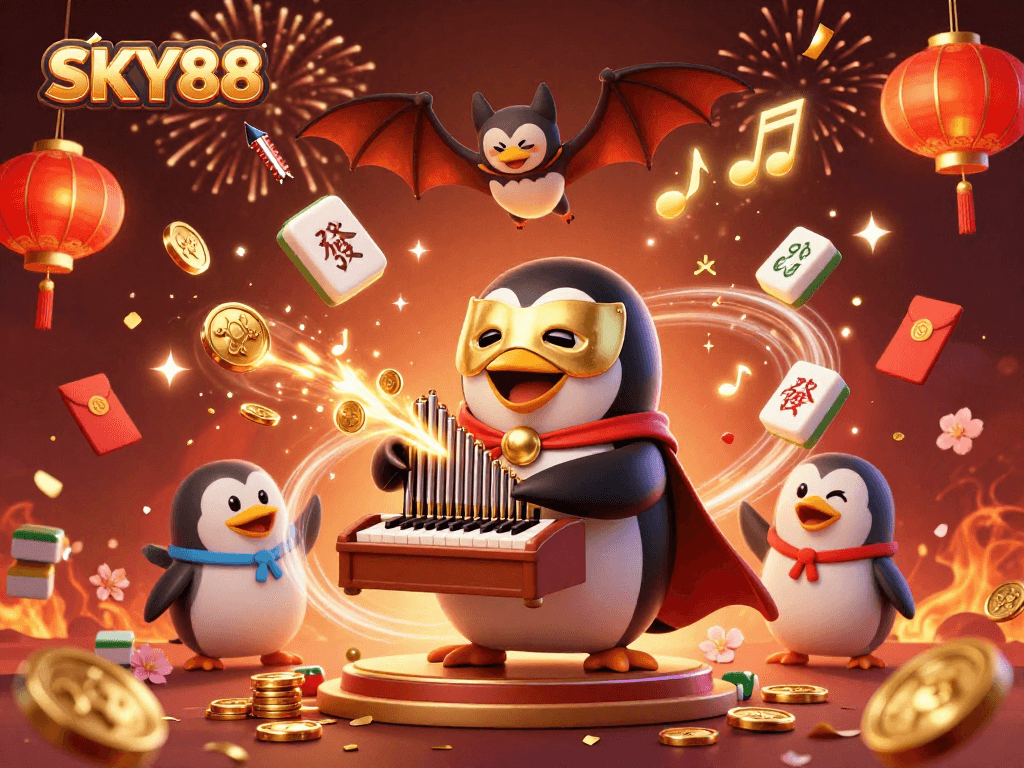 SKY88 showcases a vibrant casino scene featuring a penguin playing an organ with coins, complete with colorful elements.