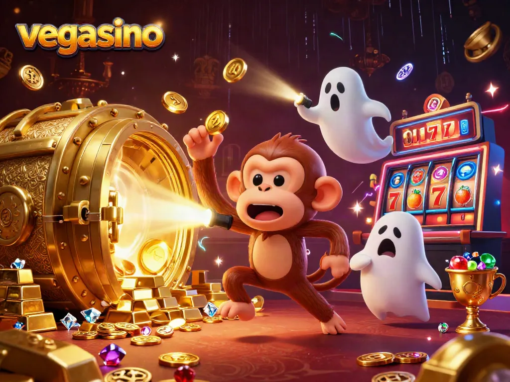 Engage in thrilling slots gameplay at vegasino with a lively scene featuring juggled gold coins and a curious puppy.