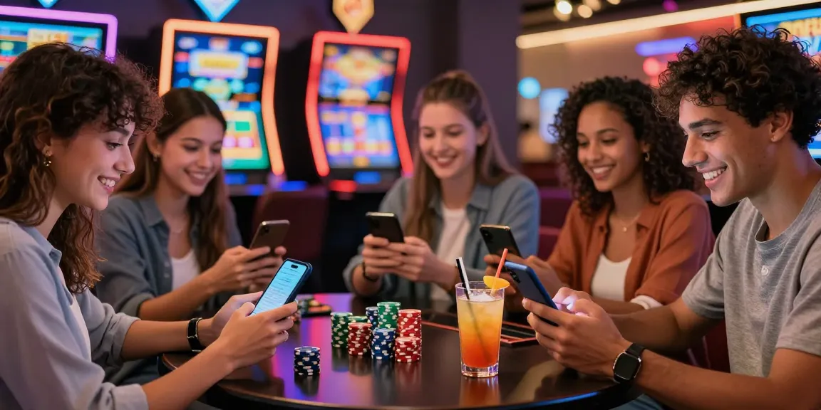 Mobile Casinos mit großer Spielauswahl – Junge Erwachsene spielen begeistert an Smartphones in modernem Casino-Ambiente.