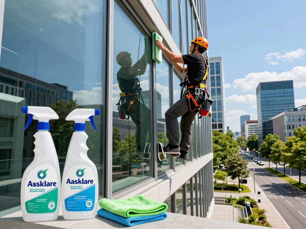 Fensterreiniger bietet glasklare Fenster in Münster und zeigt umweltfreundliche Produkte vor einer lebendigen Stadtlandschaft.