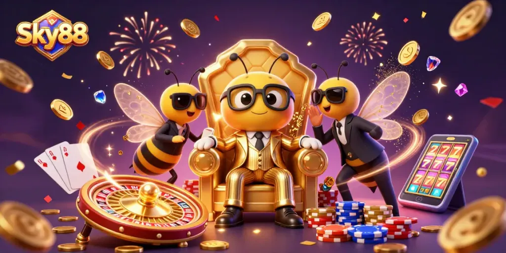 Sky88 showcases a bustling digital casino scene with vibrant characters and dynamic game elements.