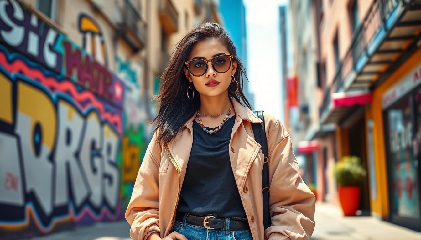 Mode & Lifestyle Onlineshops: Trendy model in urban fashion setting showcasing stylish outfits.