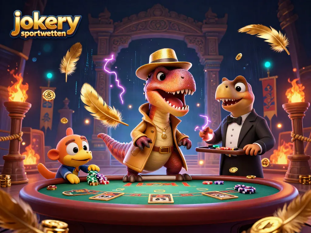 Engage with jokery sportwetten through a colorful 3D scene featuring whimsical characters and dynamic casino elements.