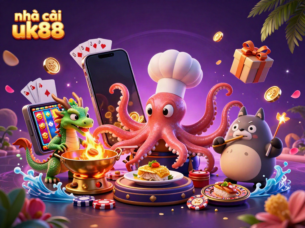 Engage with the magical world of nhà cái uk88 through vibrant casino games and characters in a lively, illustrative scene.