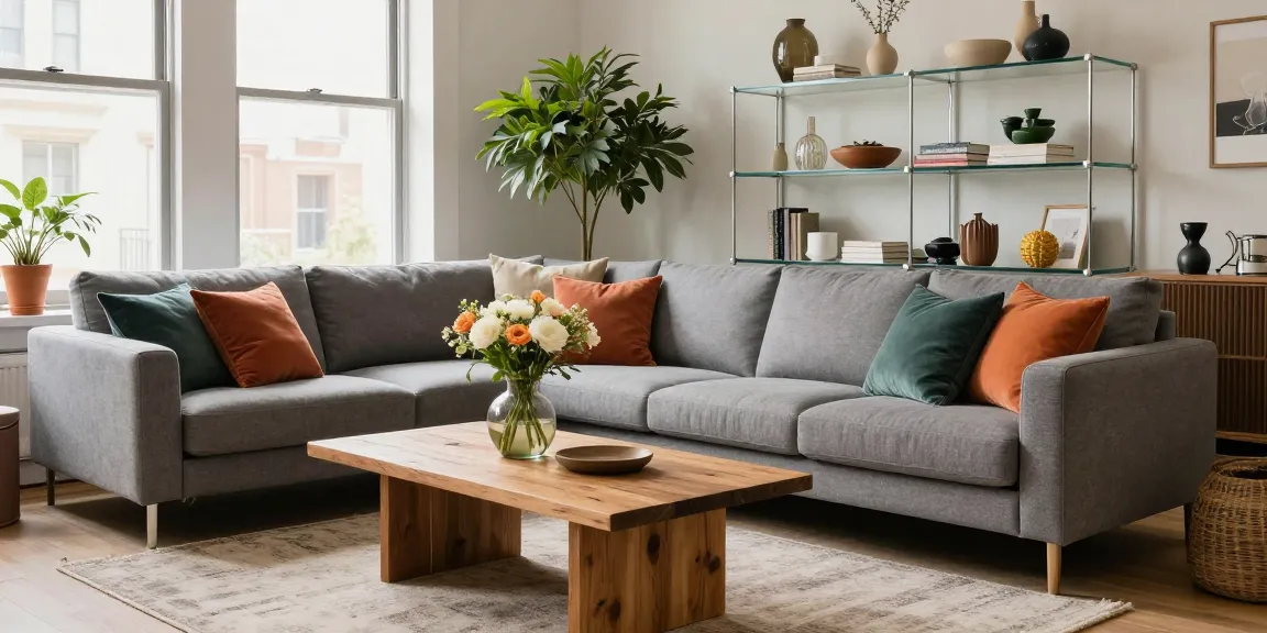Modernes Wohnzimmer mit stylischem Sofa und Dekor für Möbel online bestellen