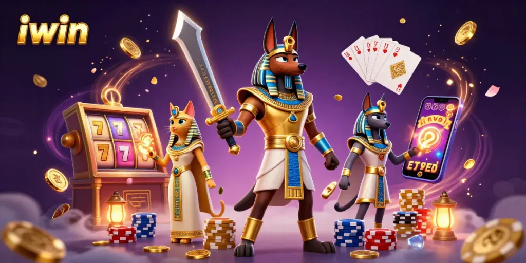 Experience thrilling slots at iwin, showcasing Anubis and Bastet amidst cascading coins.
