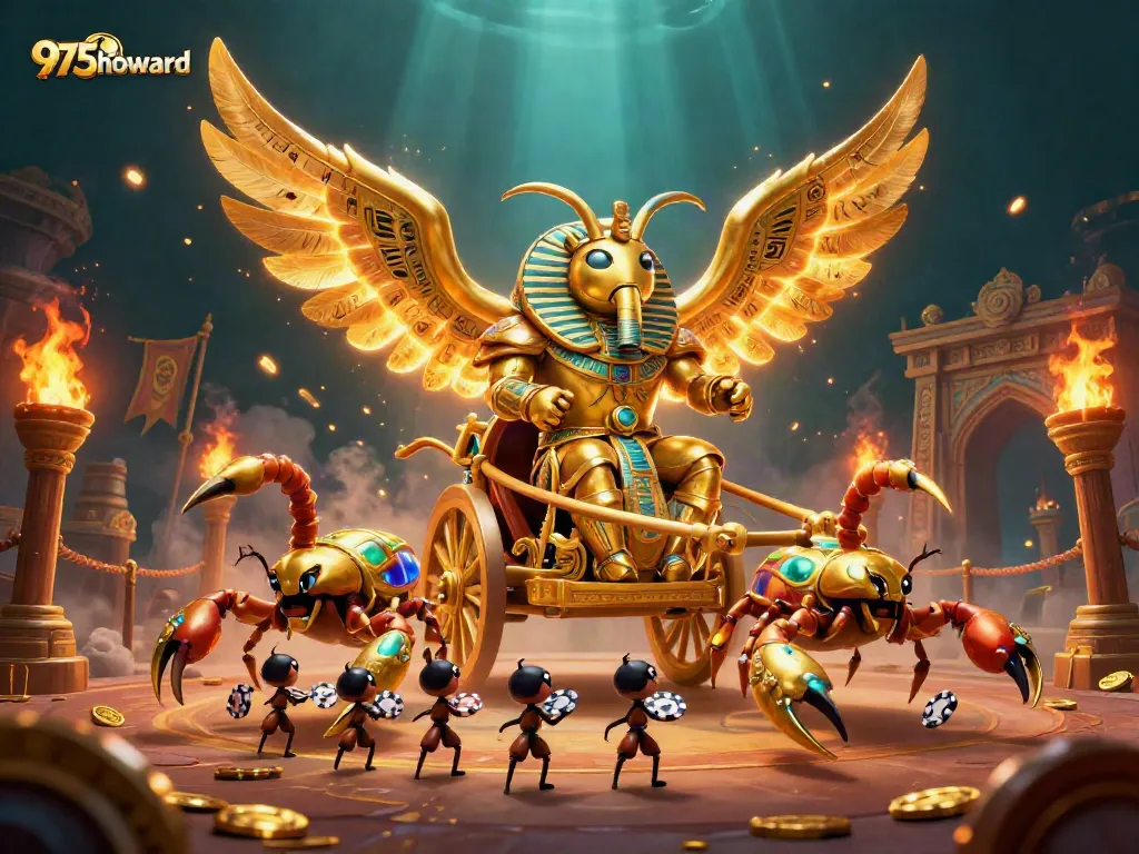 Engage with thrilling gaming at 975howard, featuring a golden scarab beetle and scorpions in a dynamic casino scene.