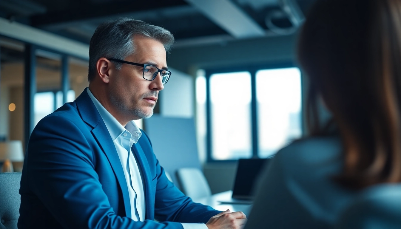 Headhunter discussing career opportunities with a candidate in a sleek office environment.
