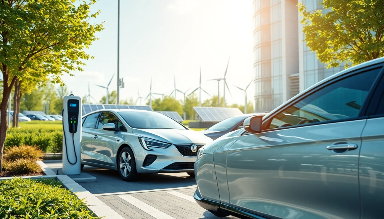 Elektroautos charging at a modern station with renewable energy features.
