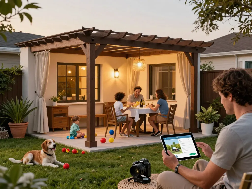 Familie nutzt den Pergola 3D-Konfigurator in einem warmen Garten, um Designoptionen zu erkunden und die Außenatmosphäre zu genießen.