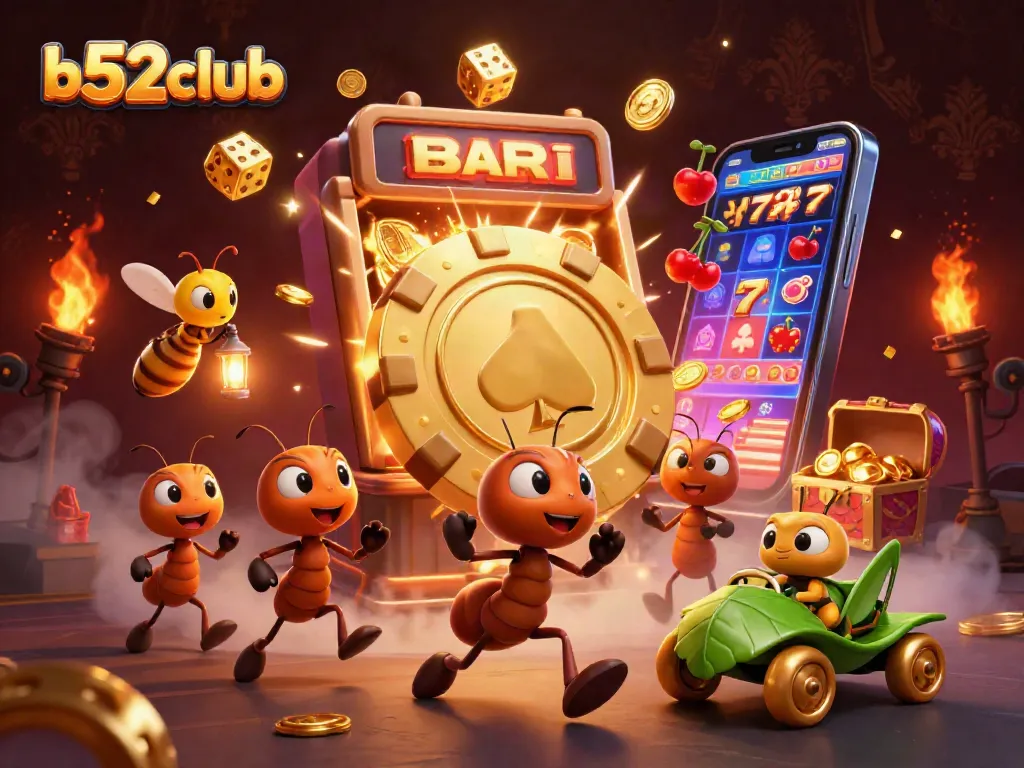 Engage with b52club's dynamic casino scene featuring ants heisting a giant poker chip amidst vibrant gambling action.