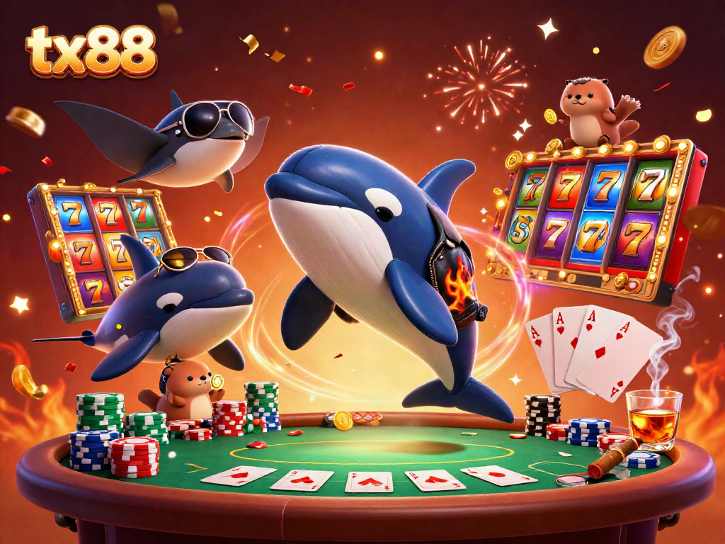 Experience thrill at tx88 with playful sea life amidst vibrant casino excitement.