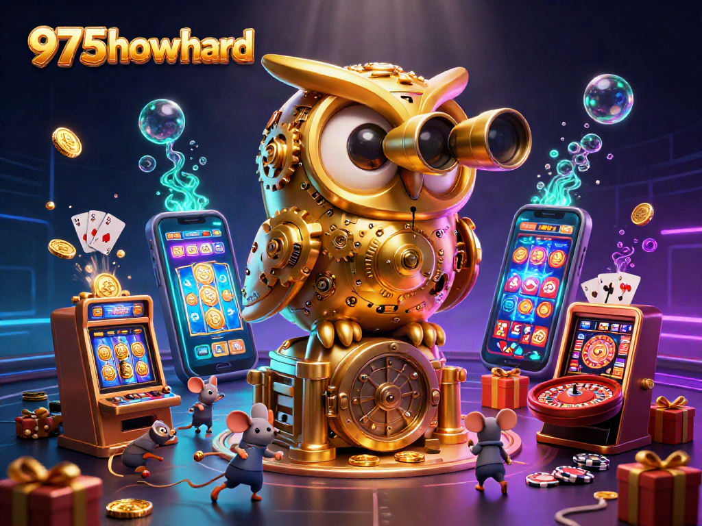 Engage with 975howard's vibrant casino scene showcasing a golden owl and whimsical mice amidst exciting games.