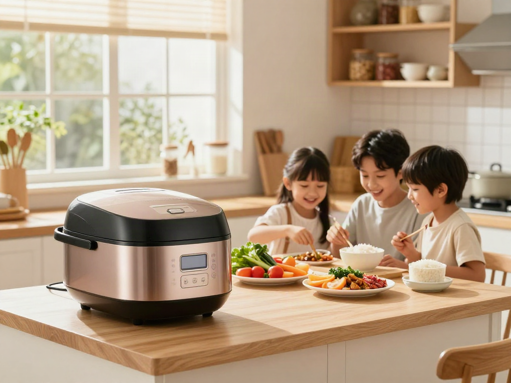 Rice Cooker Price in Bangladesh displayed in a cozy kitchen with fresh ingredients and family cooking.