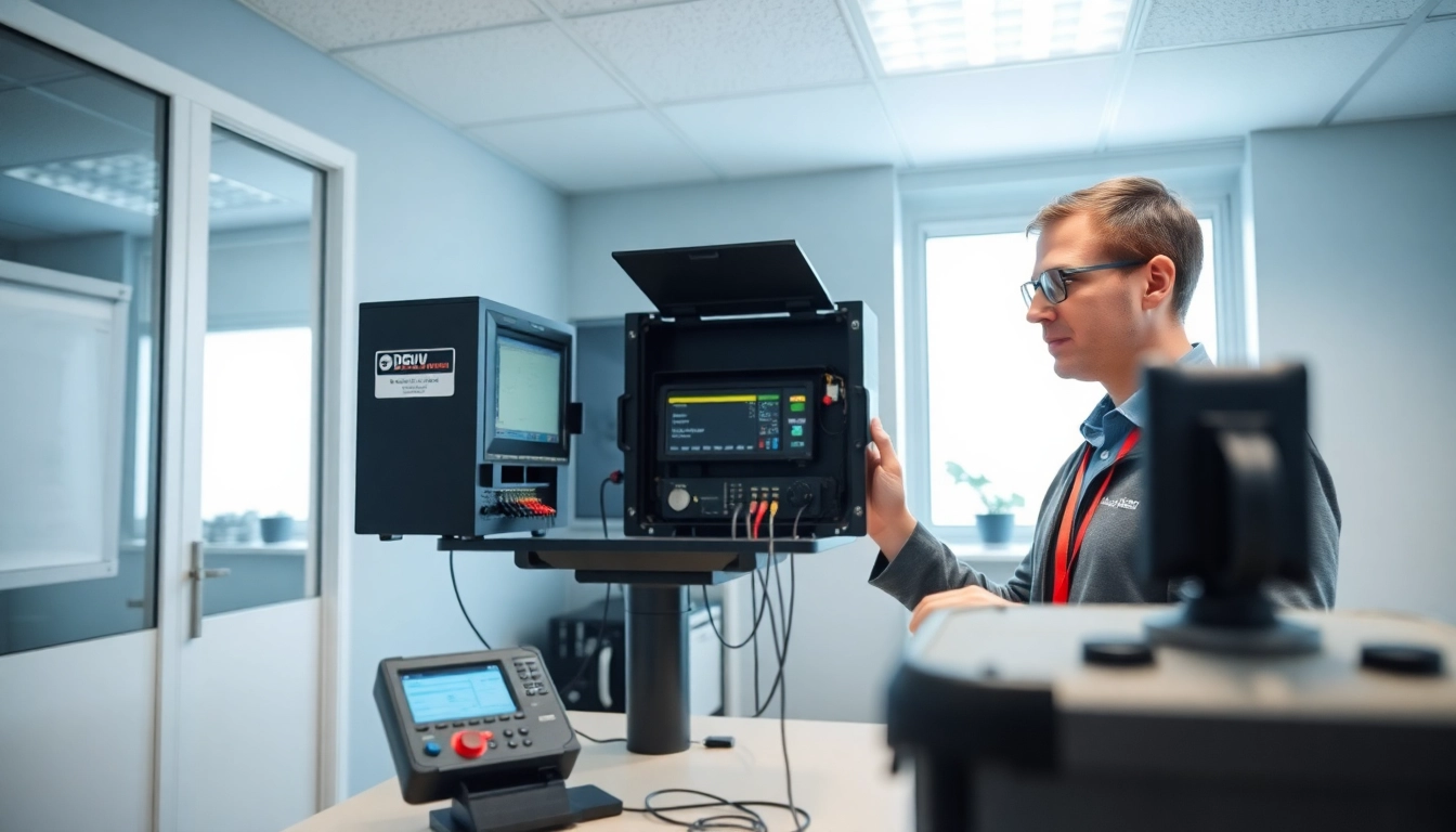 Techniker führt die DGUV V3 Prüfung an elektrischen Geräten in einem modernen Büro durch.