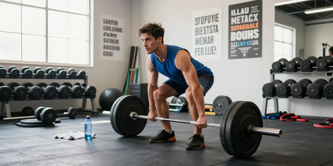 Anaboles Training im Anabolika Shop Deutschland, das Intensität und Hingabe zum Bodybuilding mit verschiedenen Fitnessgeräten und einem athletischen Mann, der Kreuzheben ausführt, hervorhebt.