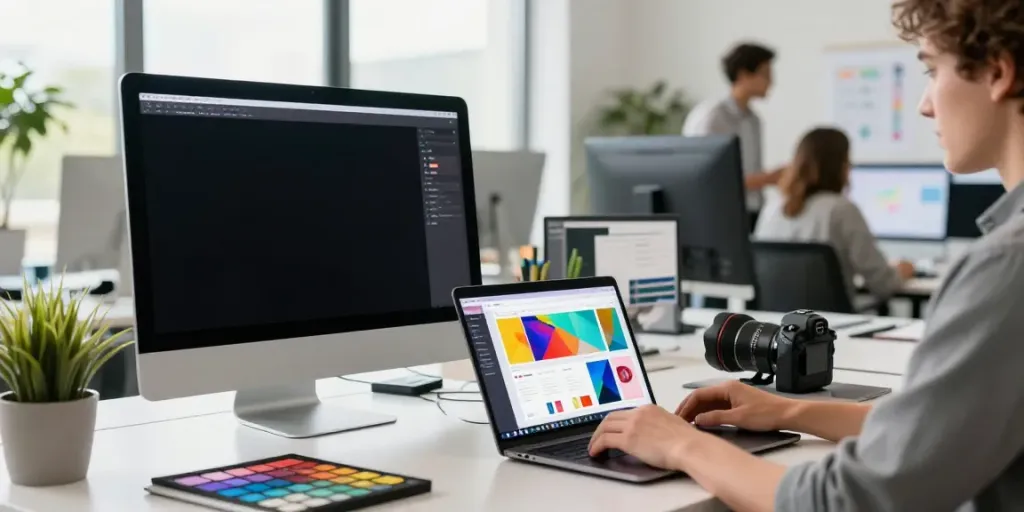 Professioneller Webdesigner arbeitet an einem modernen Layout für Webdesign Saarland-Projekte in einem hellen Arbeitsumfeld.